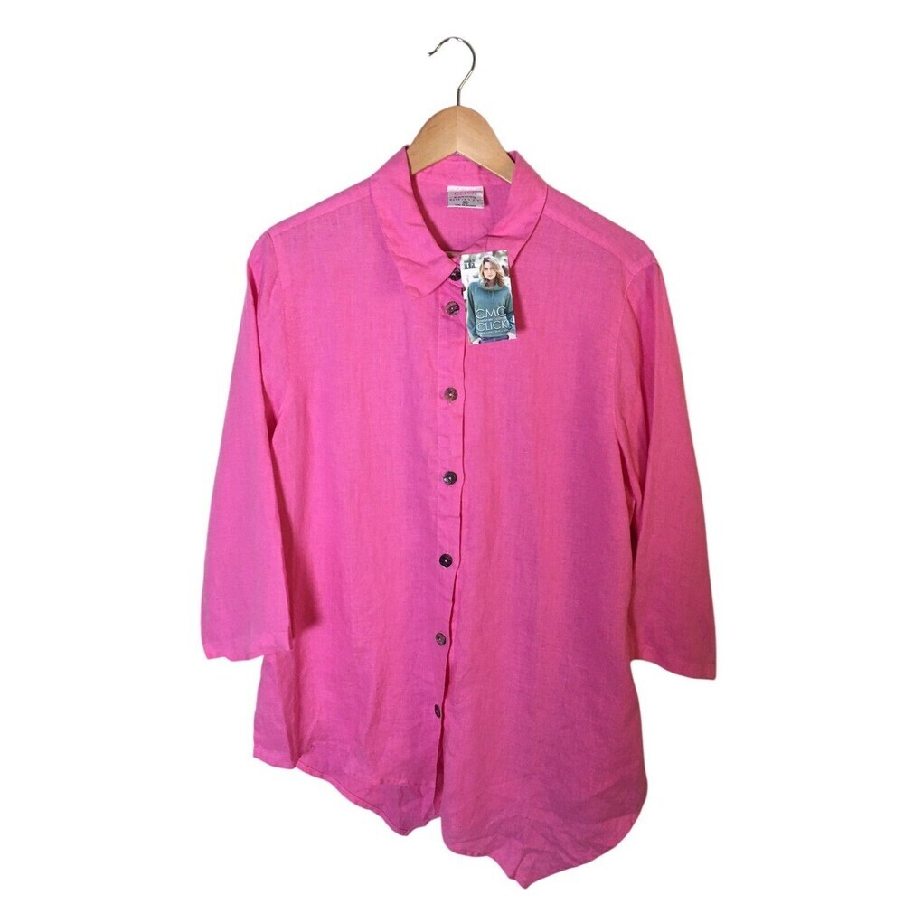 Click CMC Top Women's Size XL Pink 3/4 Sleeve Button Up Color Me Cotton Linen